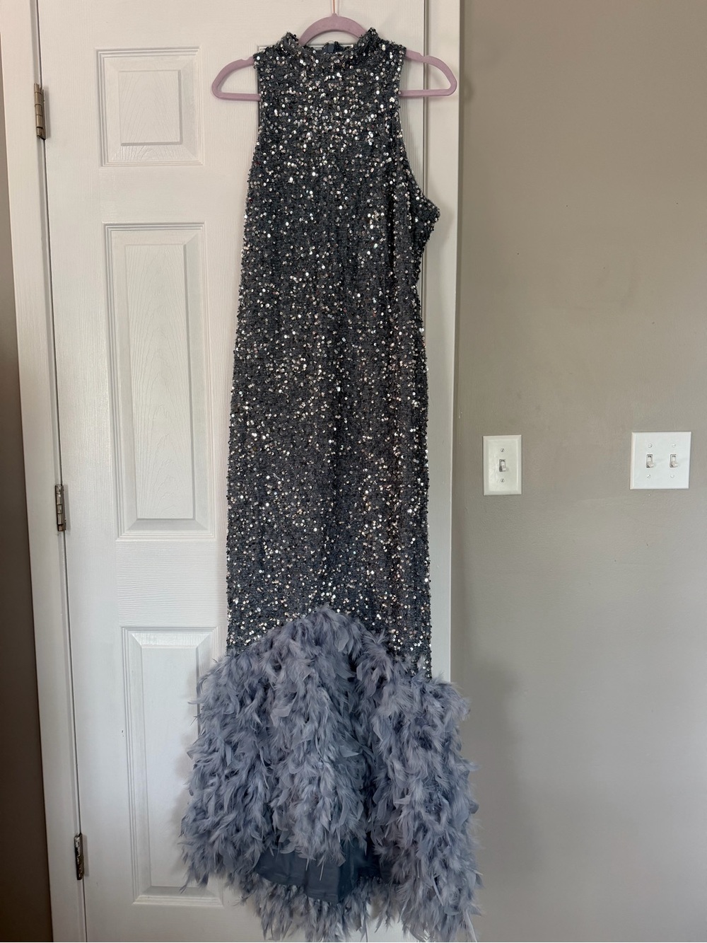 Fashion Nova Grey Full Sequin Fur Maxi Dress Mock Neck - Picture 7 of 12